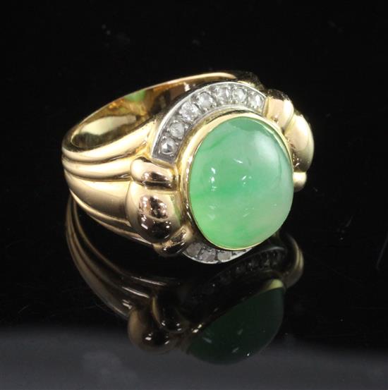 A 1950s/1960s? French gold, cabochon jadeite and diamond set dress ring by A.F. Souteyrand, Paris, size Q.